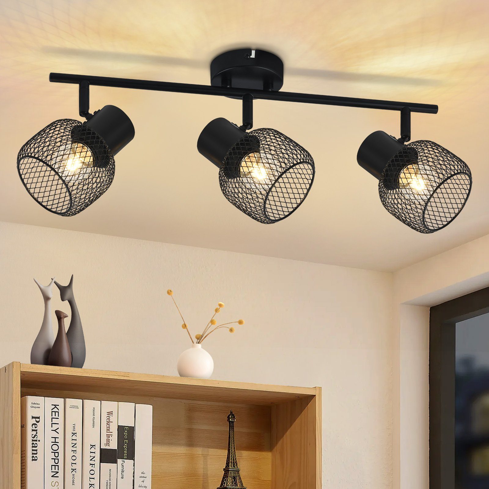 NETTLIFE - taklampa, 3 ljuskällor, max. 25W, E27, svart. Kan monteras i taket. Vintage - metalllampa. Roterbar, 330°.