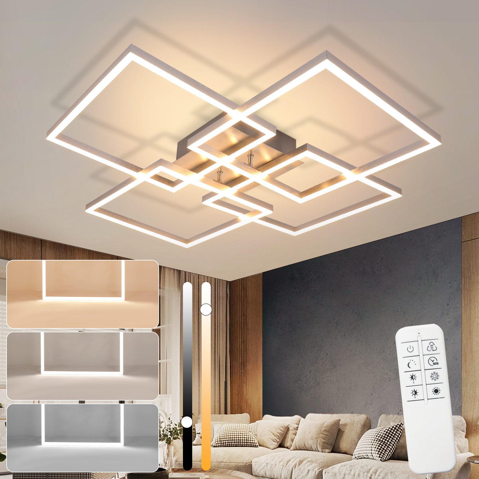 NETTLIFE LED - taklampa för sovrum, silverfärgad, dimbar, 64 cm, 36 W, geometrisk, vardagsrum, fjärrkontroll