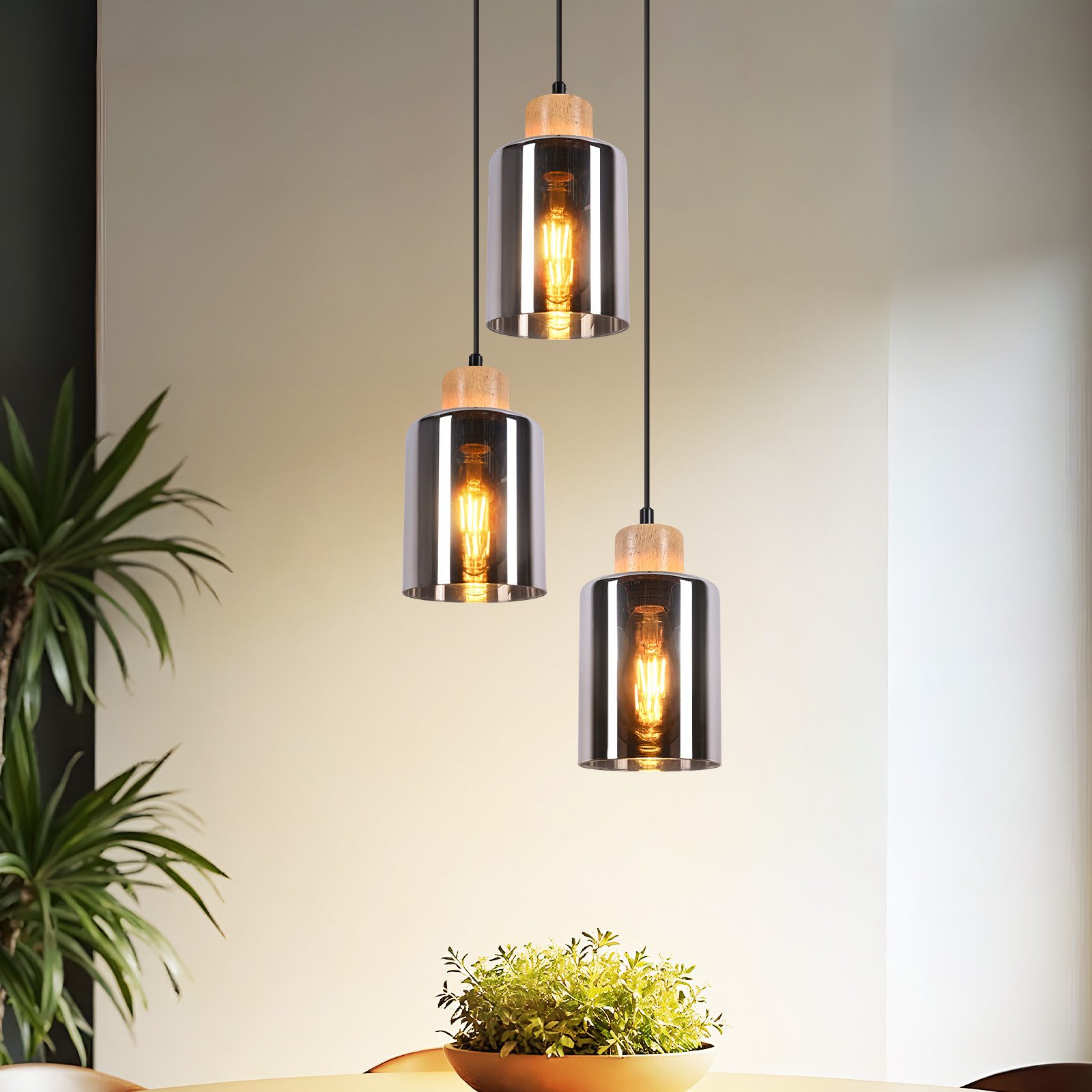 NETTLIFE trähänglampa, E27-hänglampa, vintage matbordslampa i glas