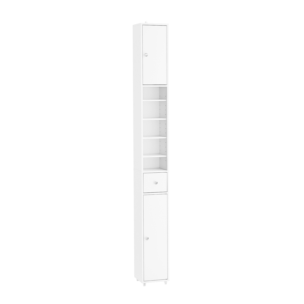 SoBuy BZR34-II-W Smal badrumskolonn - vattenavvisande, högt badrumsskåp med justerbara hyllor och låda - platsbesparande skåp, MDF, vit, 20x180x20c