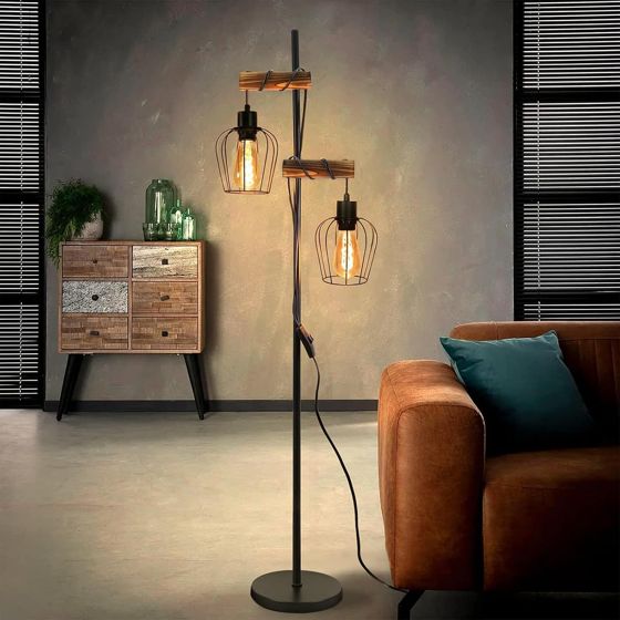 NETTLIFE Vintage - golvlampa för vardagsrum, trä, 2 lågor, industridesign, metall, svart strömbrytare, E27 - höjd: 151 cm - utan glödlampa