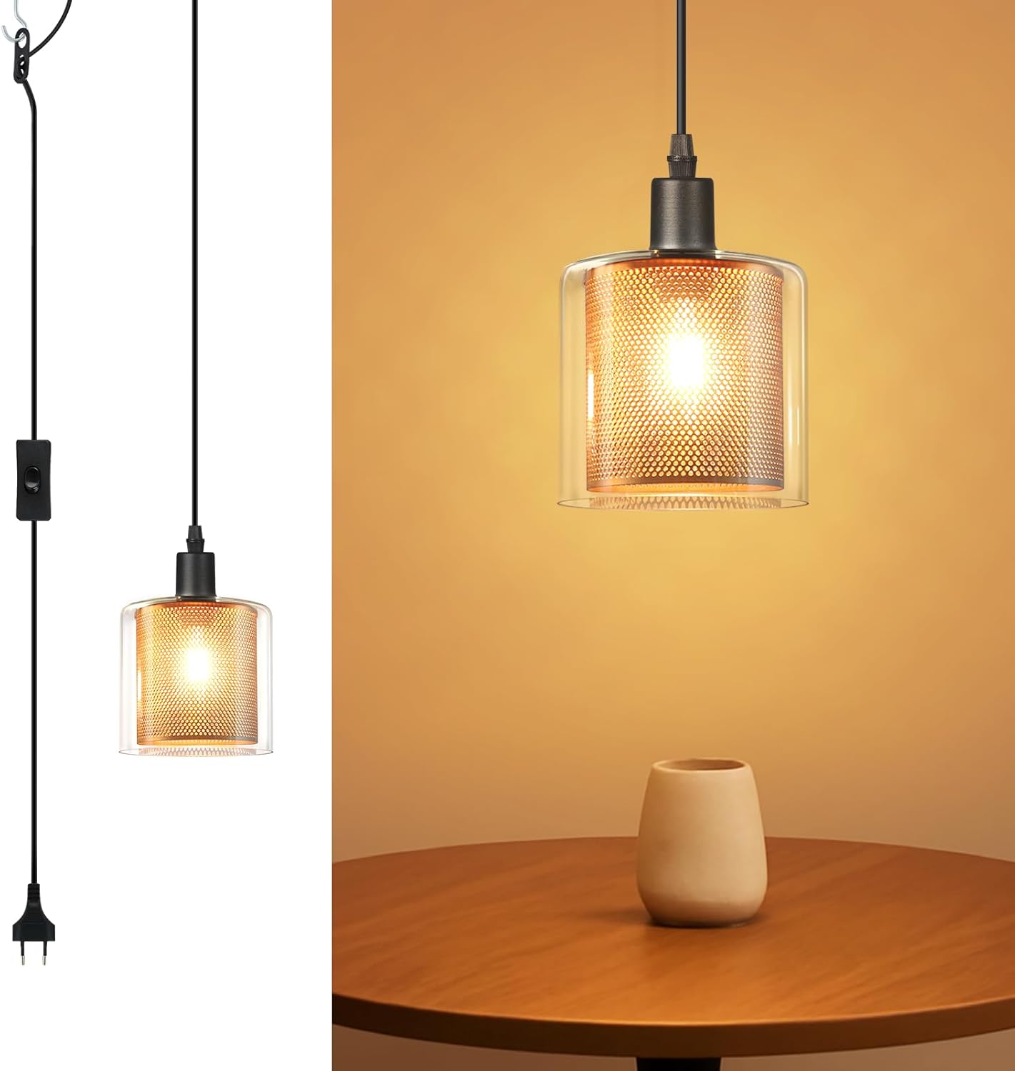 NETTLIFE Vintage pendellampa 1 lampa: Guldfärgad glaspendellampa med kontakt/strömbrytare E14 pendellampa 4,5 m