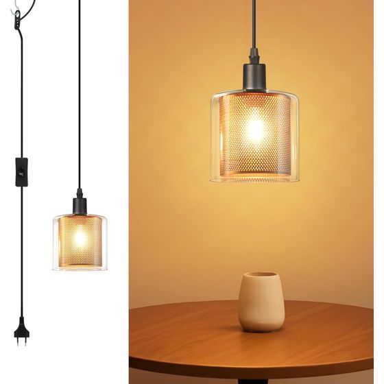NETTLIFE Vintage pendellampa 1 lampa: Guldfärgad glaspendellampa med kontakt/strömbrytare E14 pendellampa 4,5 m
