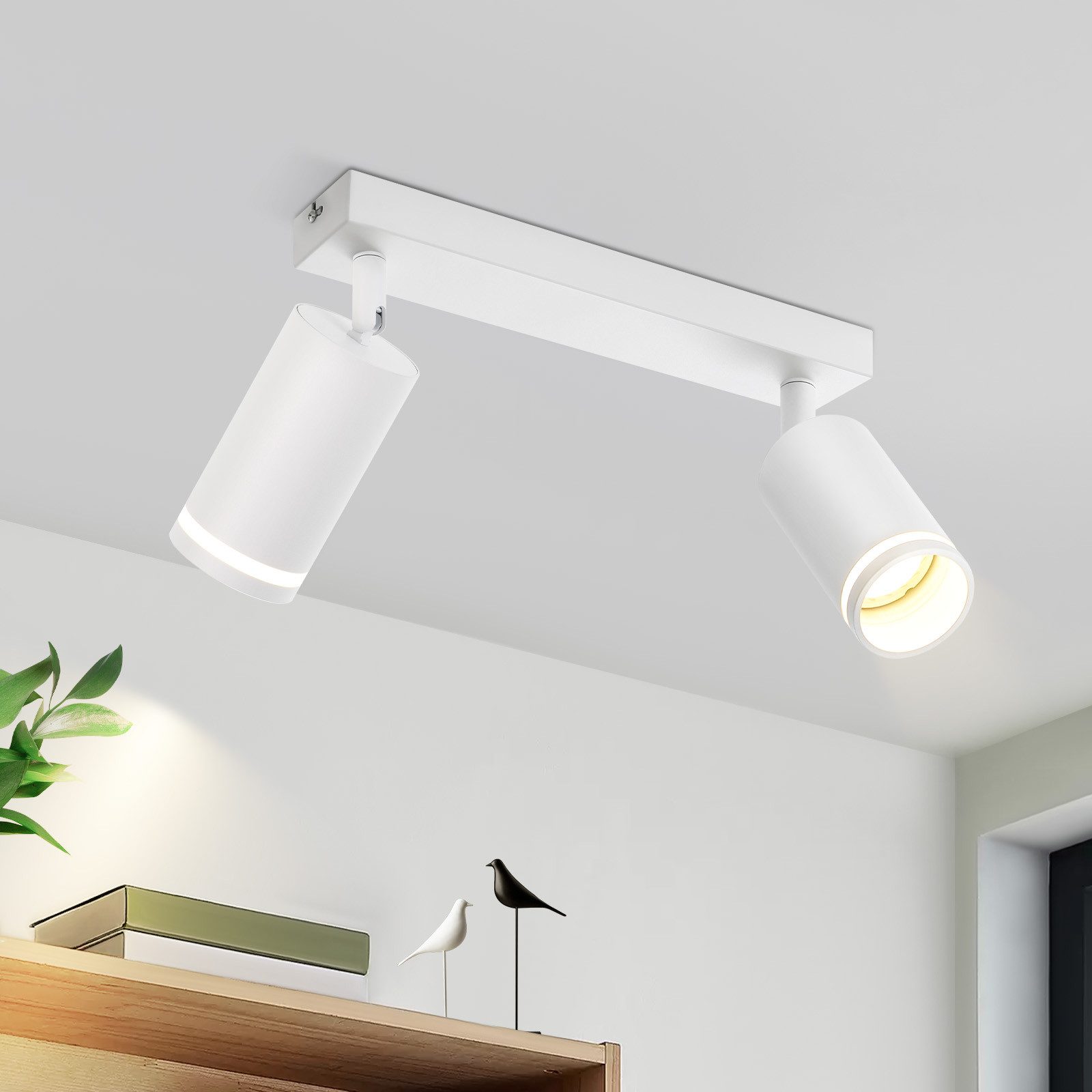NETTLIFE LED-taklampa med 2 lågor - Vit GU10-taklampa Roterande spotlight i trä Utan glödlampa