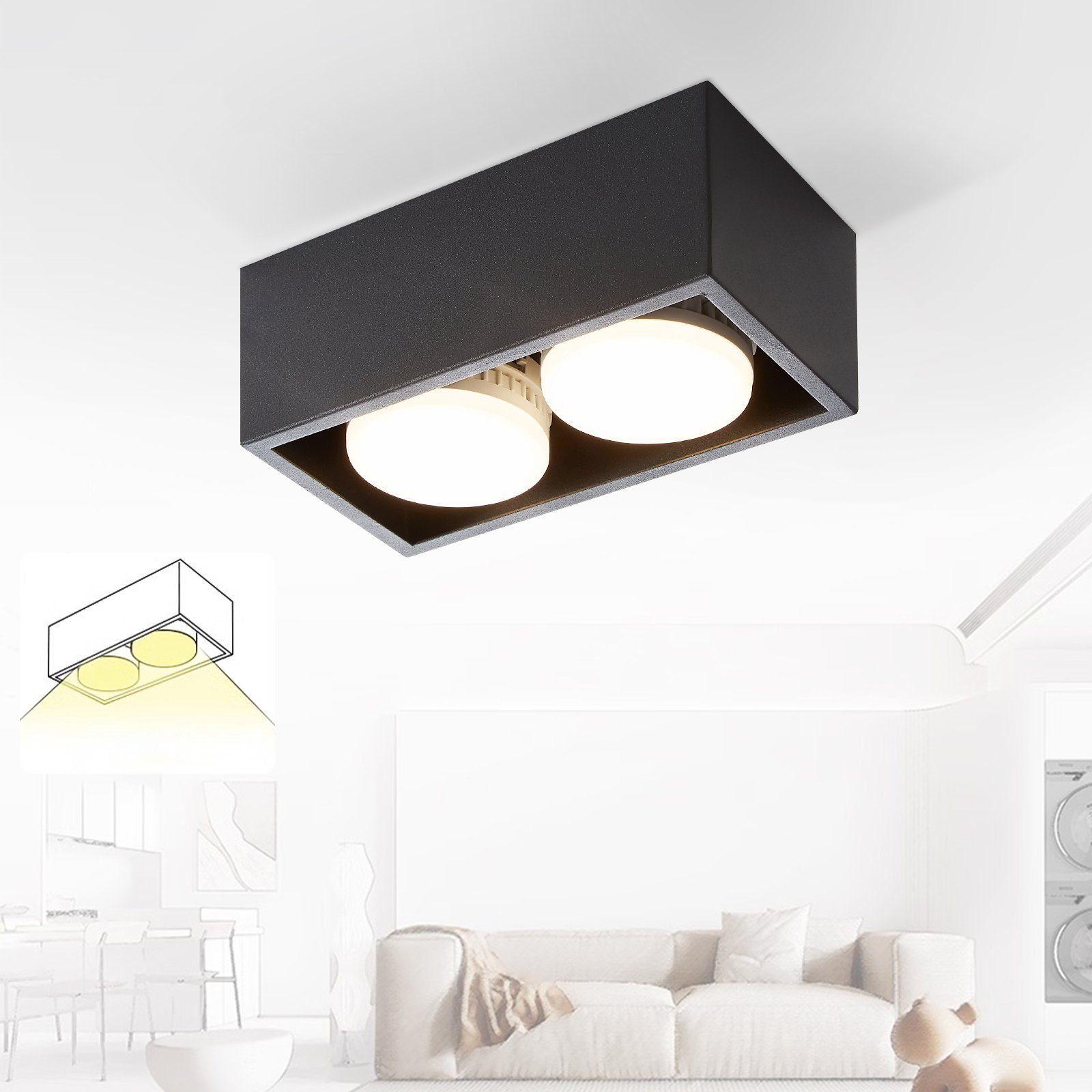 NETTLIFE 2 svarta utanpåliggande takspotlights med justerbart varmvitt ljus, modern 2x5W GX53