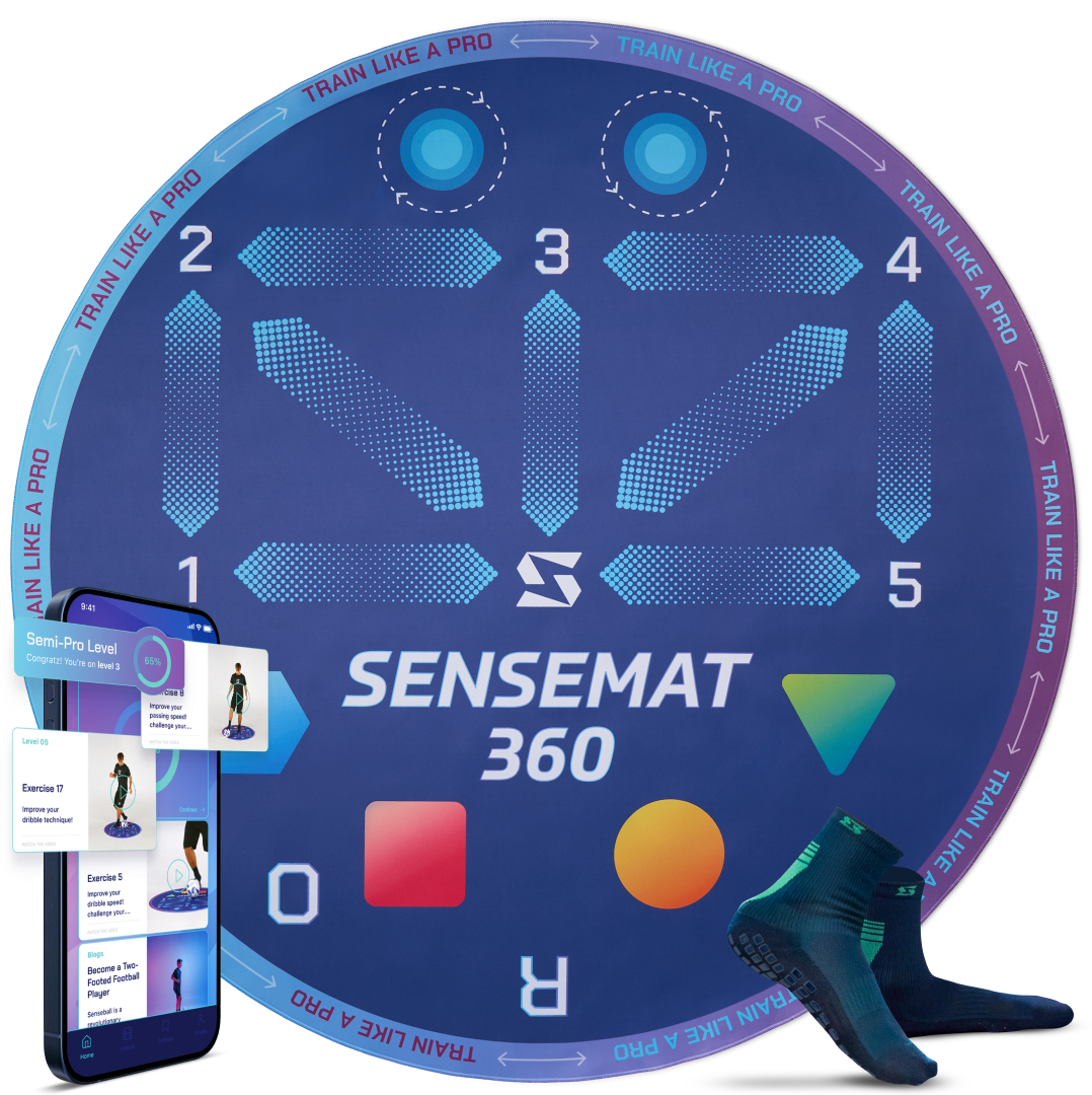 Utrustning för fotbollsträning: SenseBall® SenseMat 360 – träningsmatta & app, 360°-yta, halkfri TPU/PE-skum, greppstrumpor, 50+ övningar