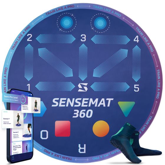 Utrustning för fotbollsträning: SenseBall® SenseMat 360 – träningsmatta & app, 360°-yta, halkfri TPU/PE-skum, greppstrumpor, 50+ övningar