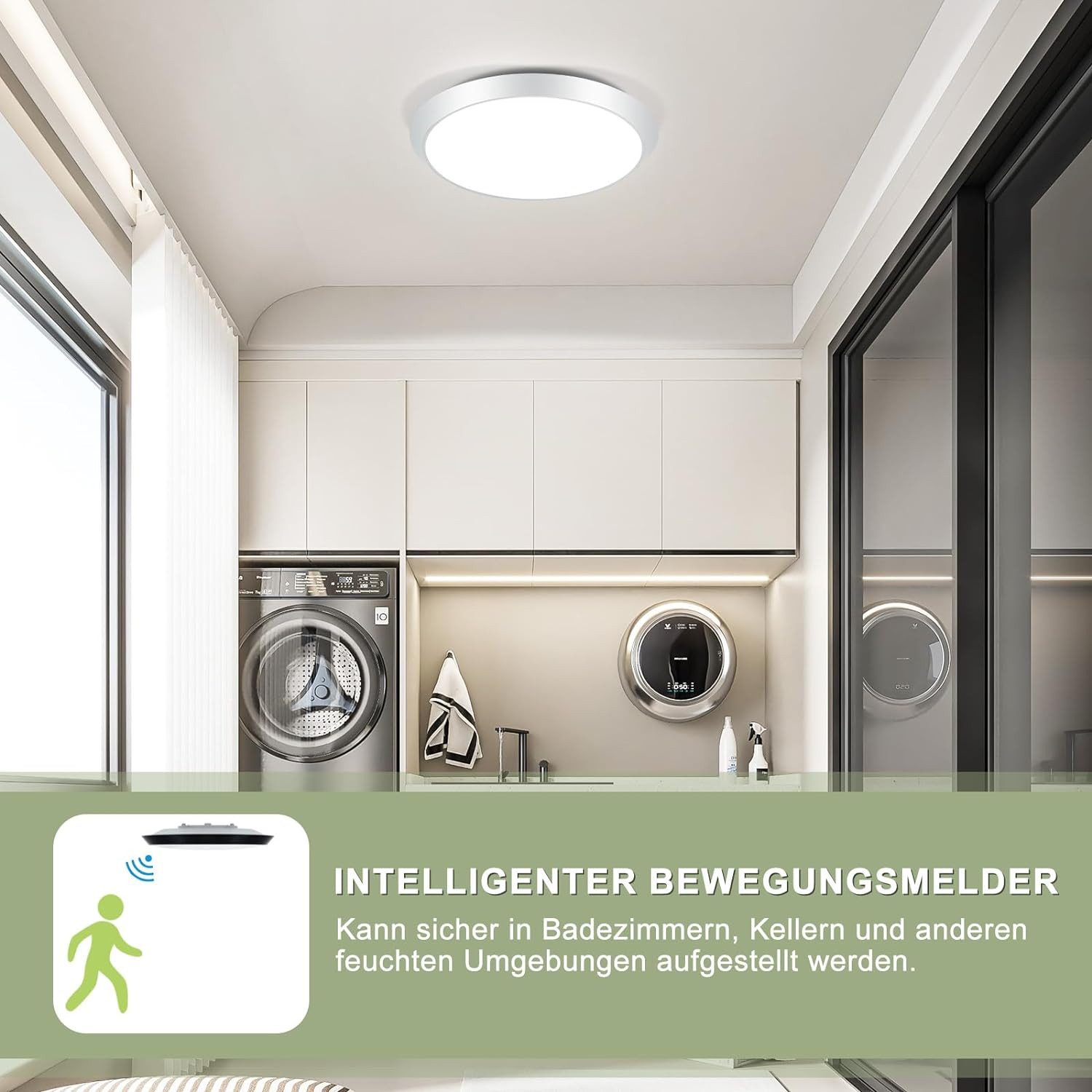 NETTLIFE LED-taklampa, rund vit, med rörelsesensor 15W, för inomhusbruk 4000K, neutralvit, IP44 trapplampa, 30 cm för hall