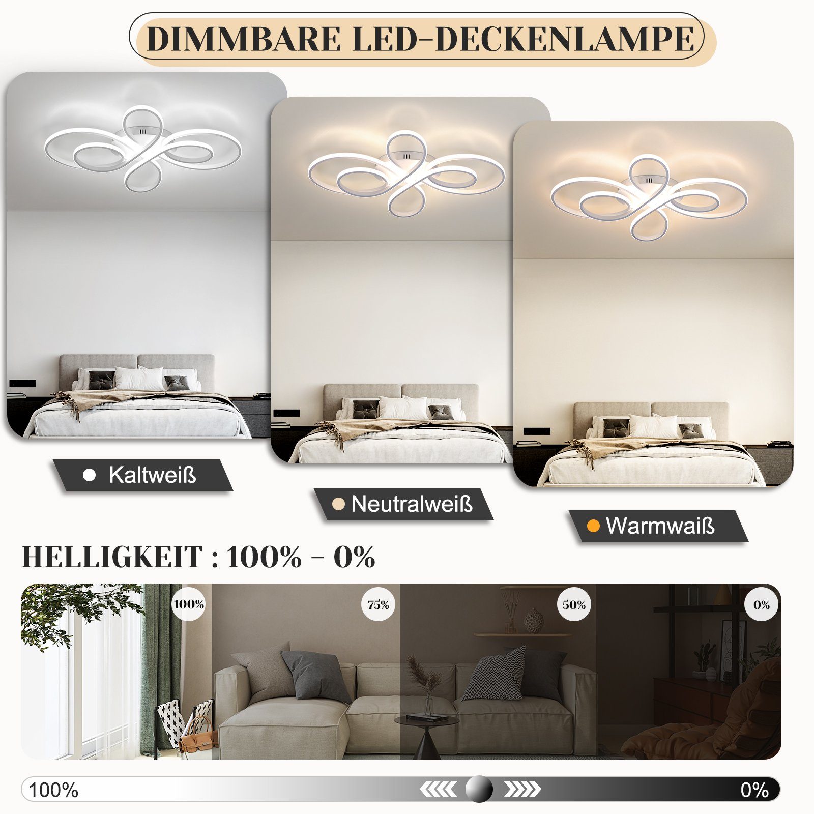 NETTLIFE LED-taklampa dimbar stor 100 cm 90 W modern vit med fjärrkontroll