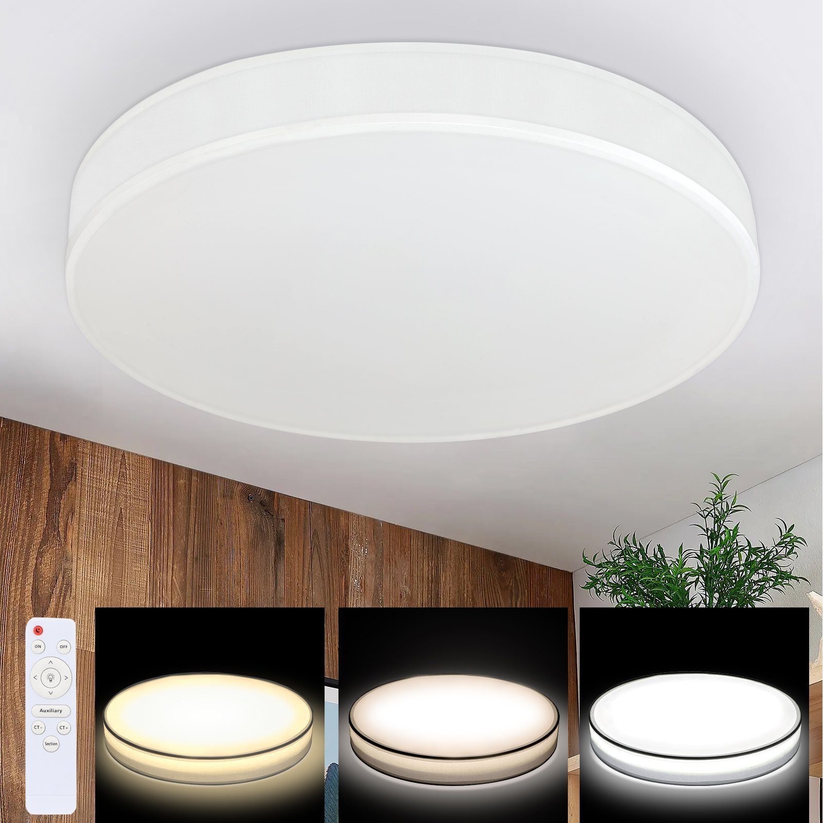 NETTLIFE LED-taklampa, 38 cm dimbar med fjärrkontroll vit, rund modern tygtaklampa för vardagsrum, sovrum, hall