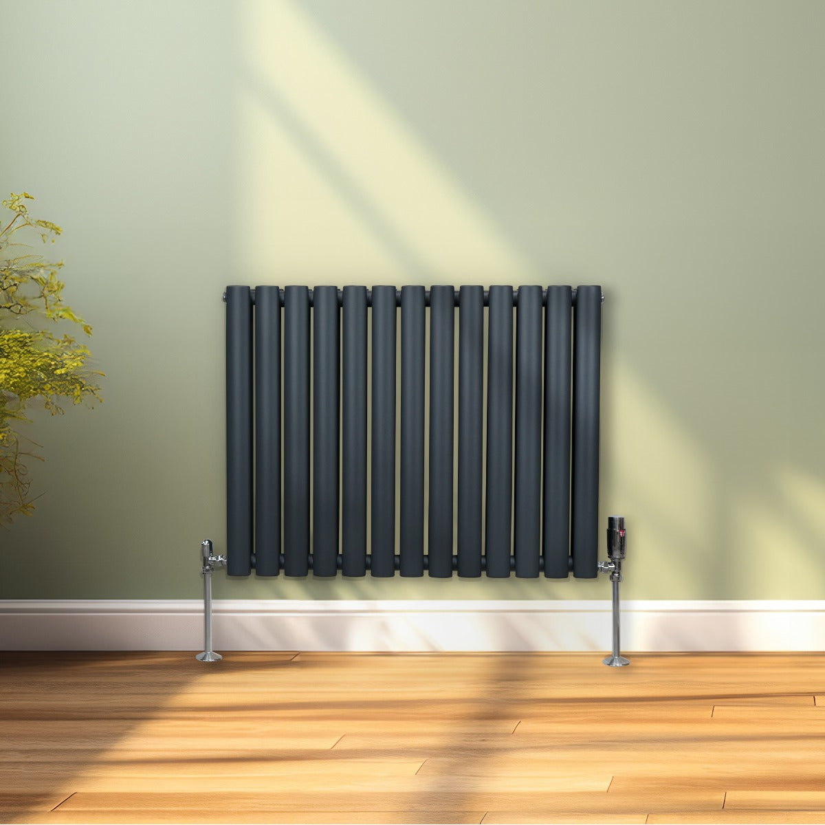 Oval kolumnradiator och ventiler - 600 mm x 780 mm - Antracitgrå