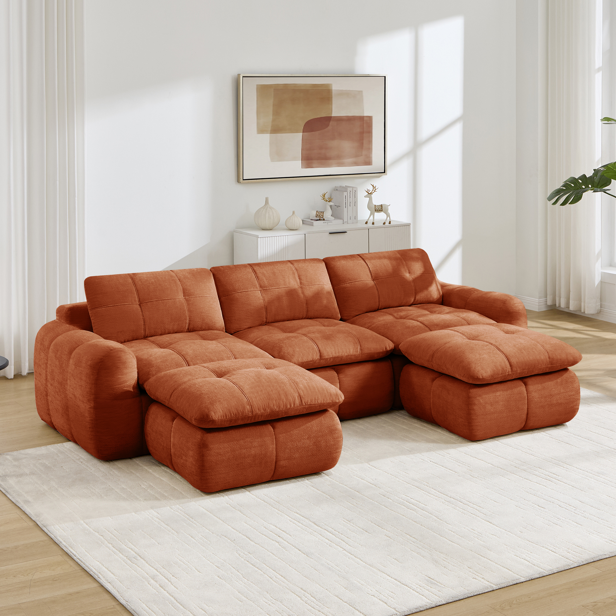 3-sitssoffa med 2 fotpallar, minimalistisk, chenille-orange