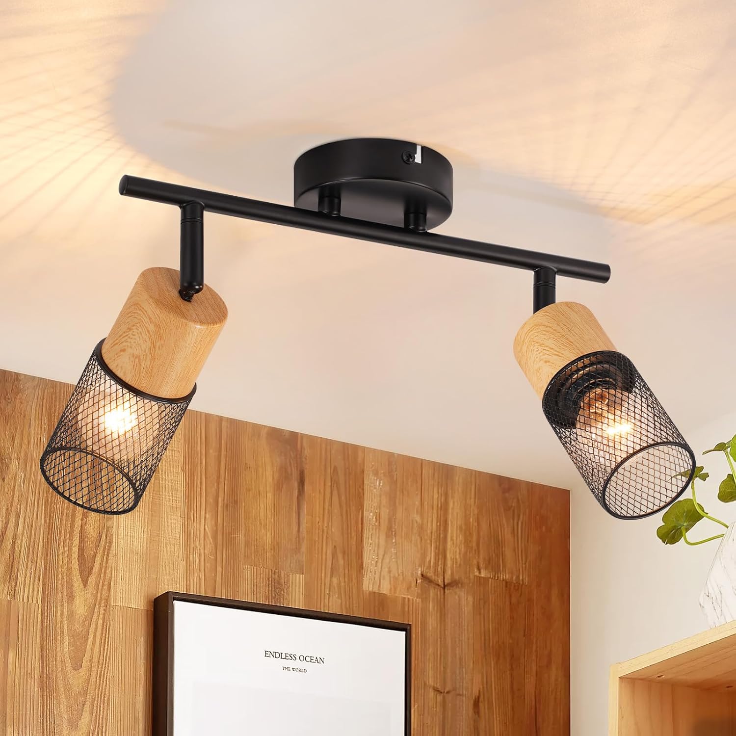 NETTLIFE - taklampa 2 lampor, vintage - takspotlights, träspotlights, 350° justerbara, E14, retro