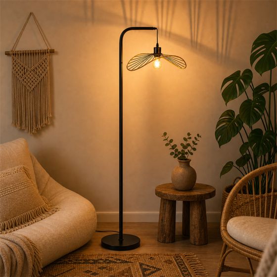 NETTLIFE golvlampa svart vintage båglampa fotbrytare industriell sovrum vardagsrum kontor E27 lampsockel läslampa