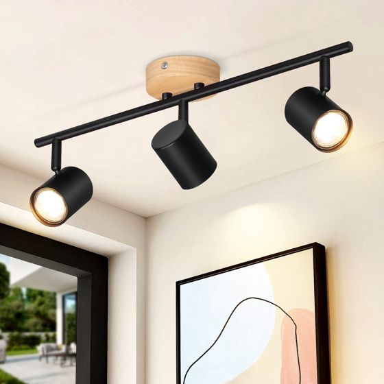 NETTLIFE LED - taklampa med 3 lågor - svart taklampa GU10 vridbar spotlight i trä utan lampa