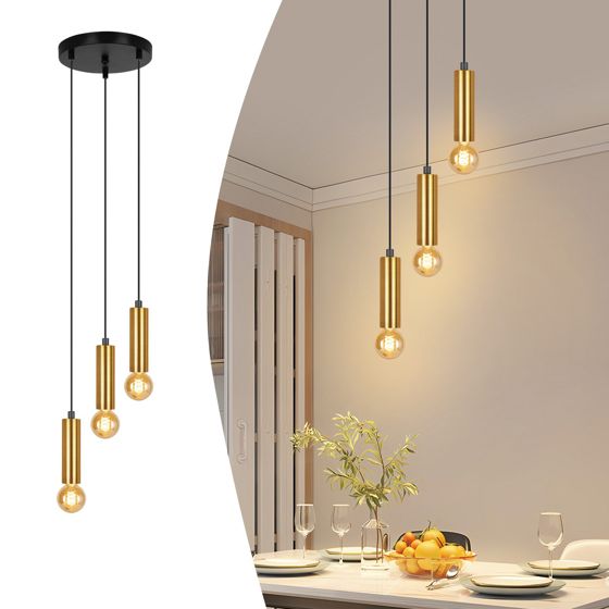 NETTLIFE pendellampa, 3 ljuskällor, guldfärgad pendellampa, E27, industriell matsalslampa, matbord i metall