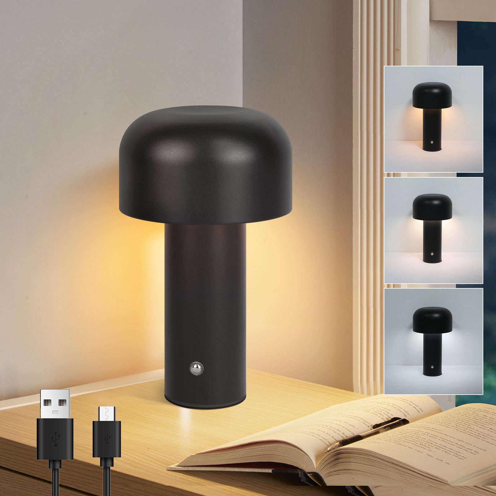 NETTLIFE 2W Dimbar Batteridriven Sladdlös LED Bordslampa, Sängbordslampa för Sovrum, Liten Svamplampa