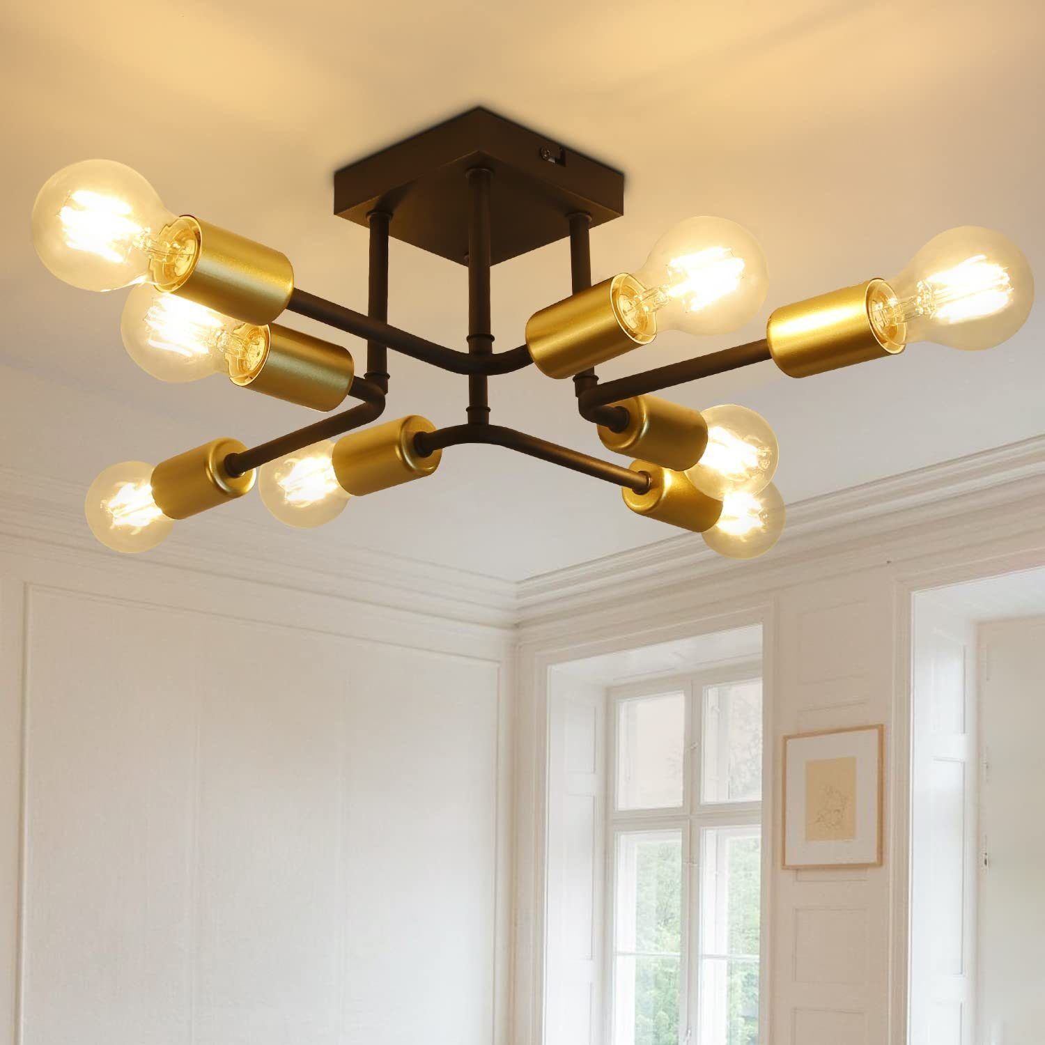 NETTLIFE - taklampa, 48,5 * 48 * 16cm E27Vintage - industrilampa i metall, med 8 glödlampor, svart och guld, för sovrum, max. 25W