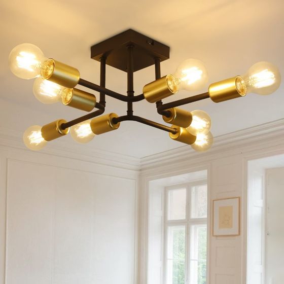 NETTLIFE - taklampa, 48,5 * 48 * 16cm E27Vintage - industrilampa i metall, med 8 glödlampor, svart och guld, för sovrum, max. 25W