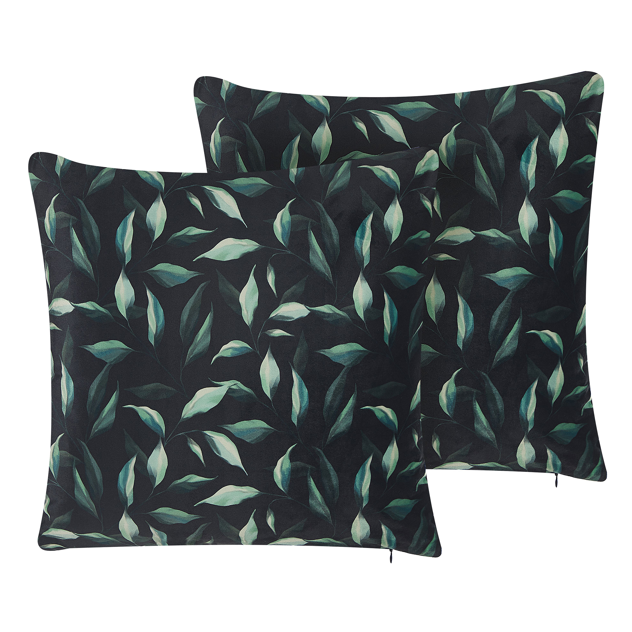 Set med 2 prydnadskuddar TOADFLAX 45 x 45 cm Sammet Grön Svart Växtmotiv