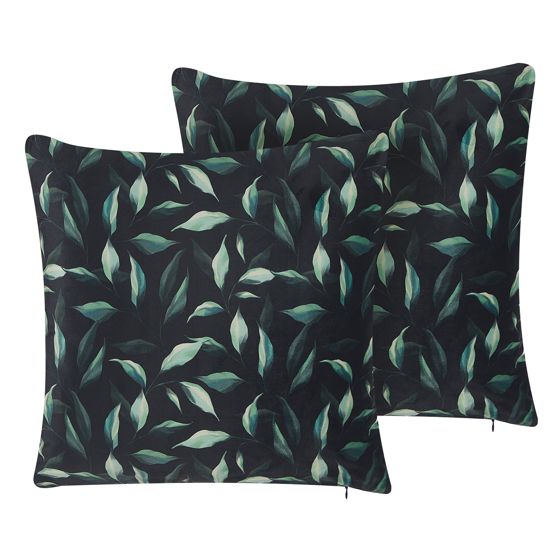 Set med 2 prydnadskuddar TOADFLAX 45 x 45 cm Sammet Grön Svart Växtmotiv