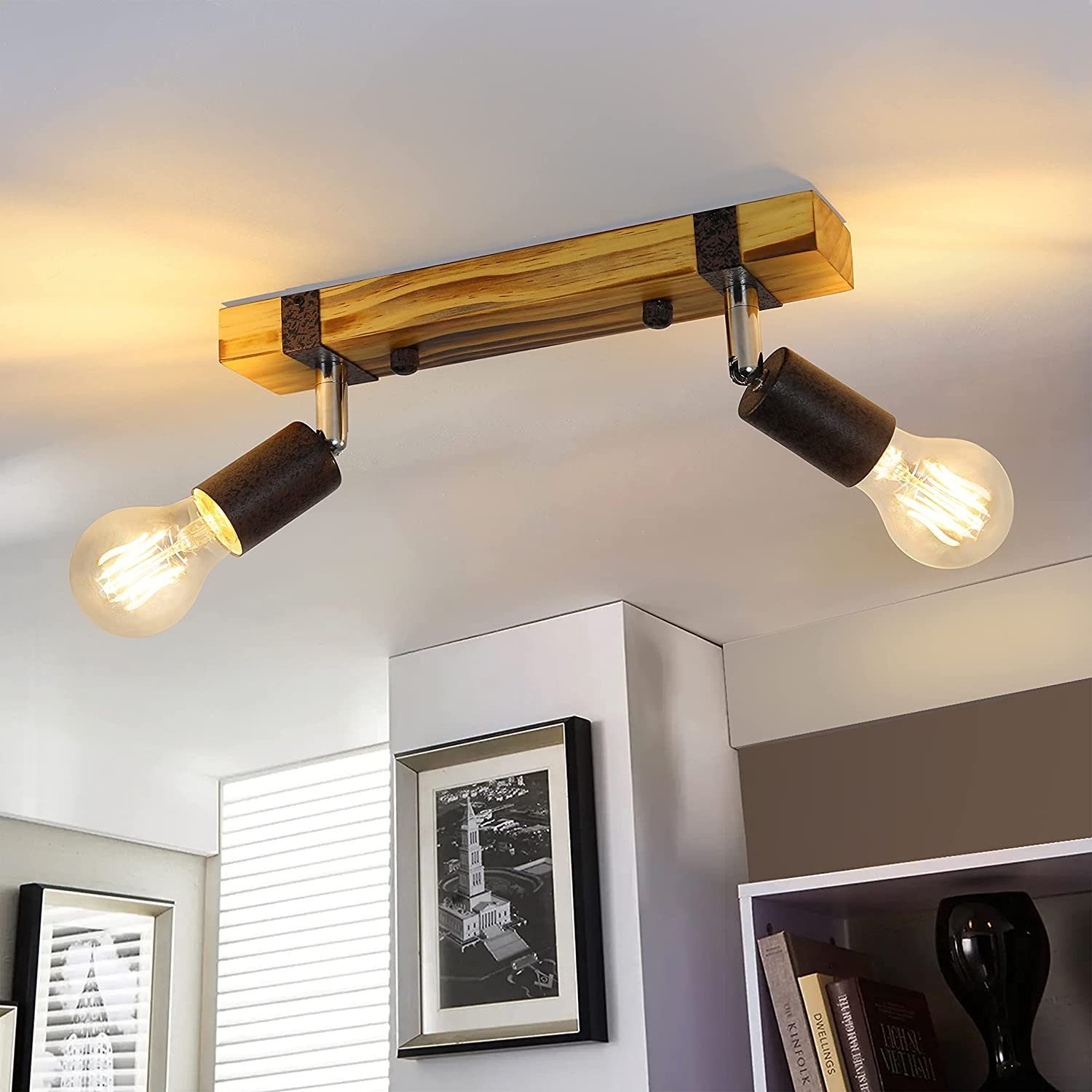 NETTLIFE Retro - takspotlight, 2 lampor, dimbar, träbalk, justerbar LED, utbytbar
