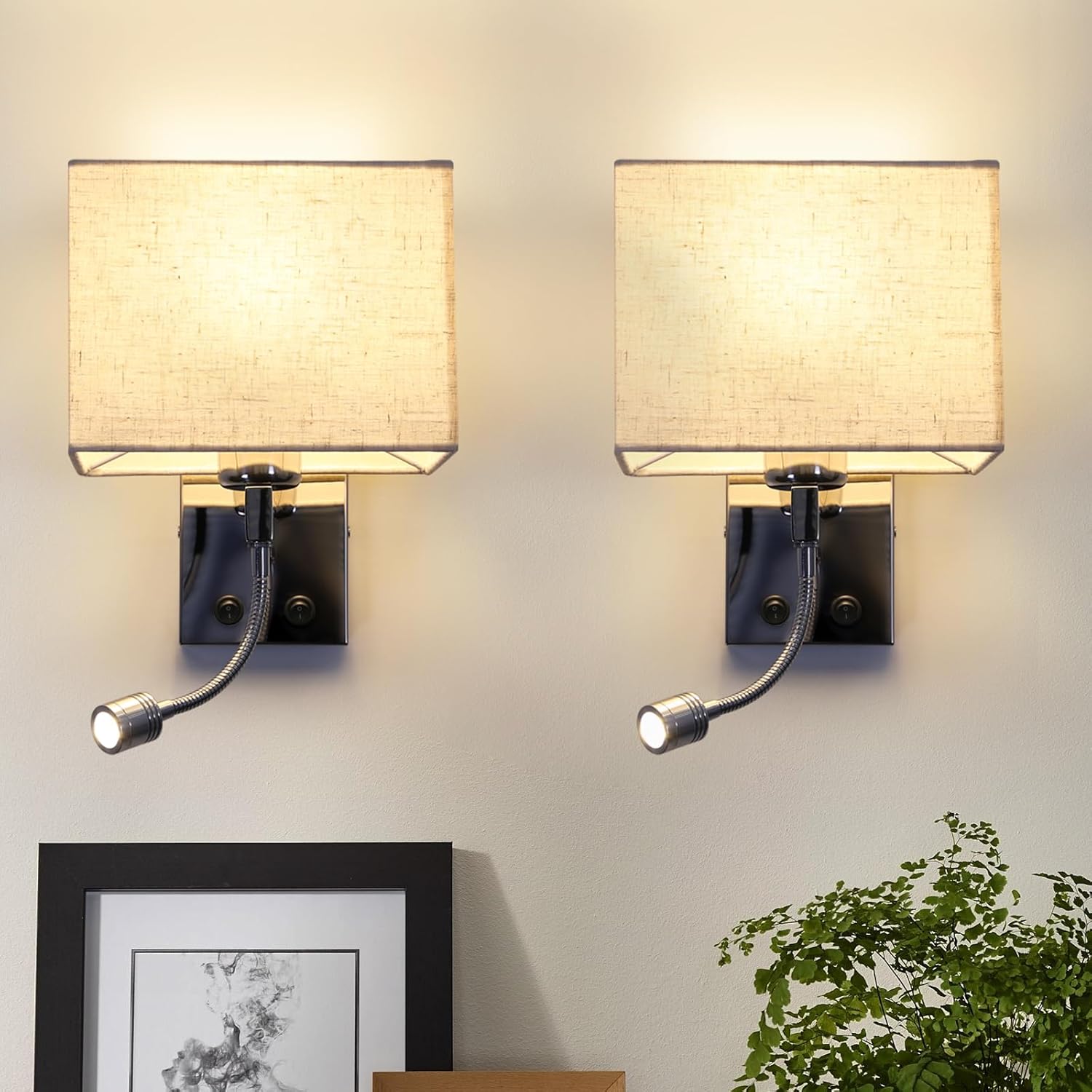 NETTLIFE 2 LED-vägglampset för inomhus-/sovrumsvägglampa vardagsrum sänglampa tyg med flexibel läsarm E27