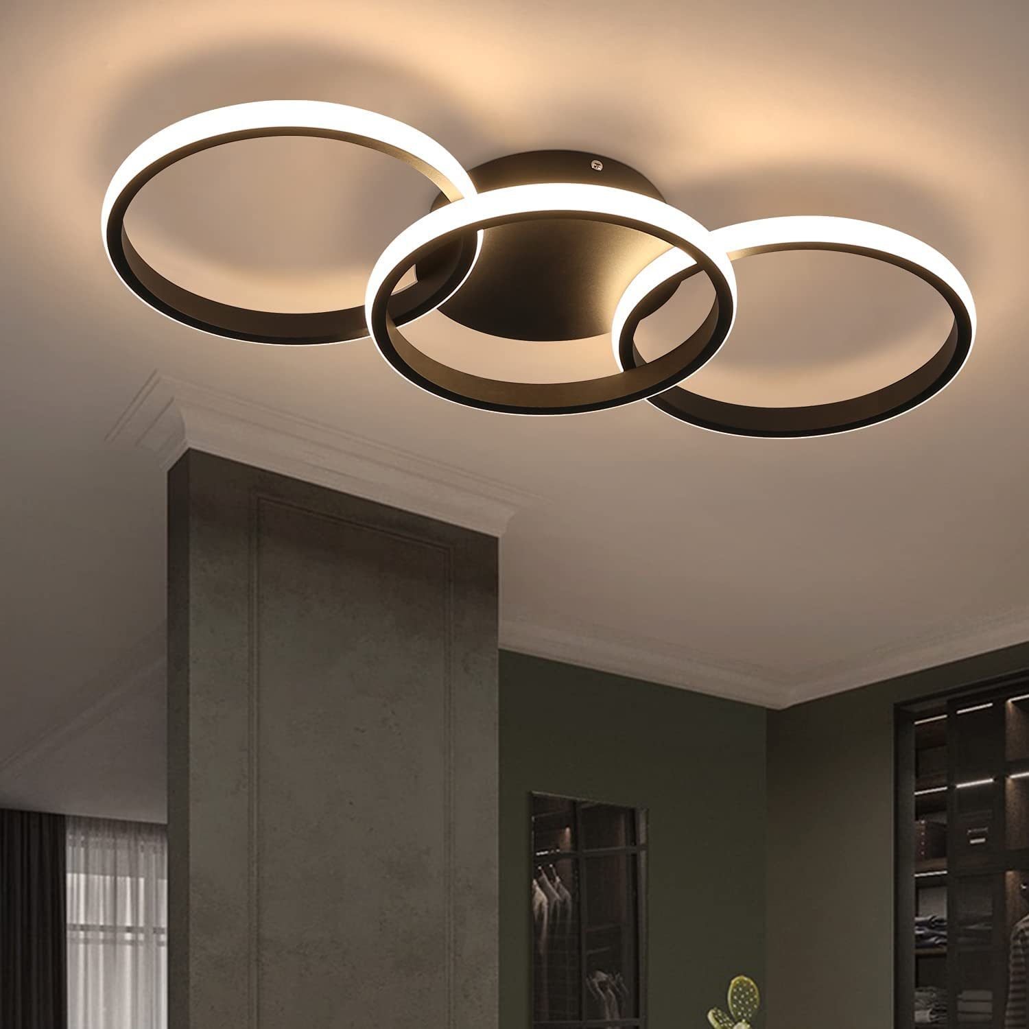 NETTLIFE modern svart LED-taklampa, rund med varmvit 36W kökslampa för vardagsrum, matsal, sovrum