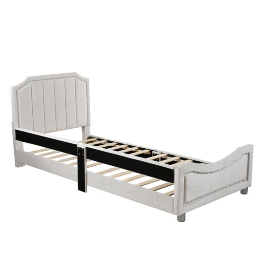 Säng 90 x 200 cm, beige, ryggstöd + armstöd