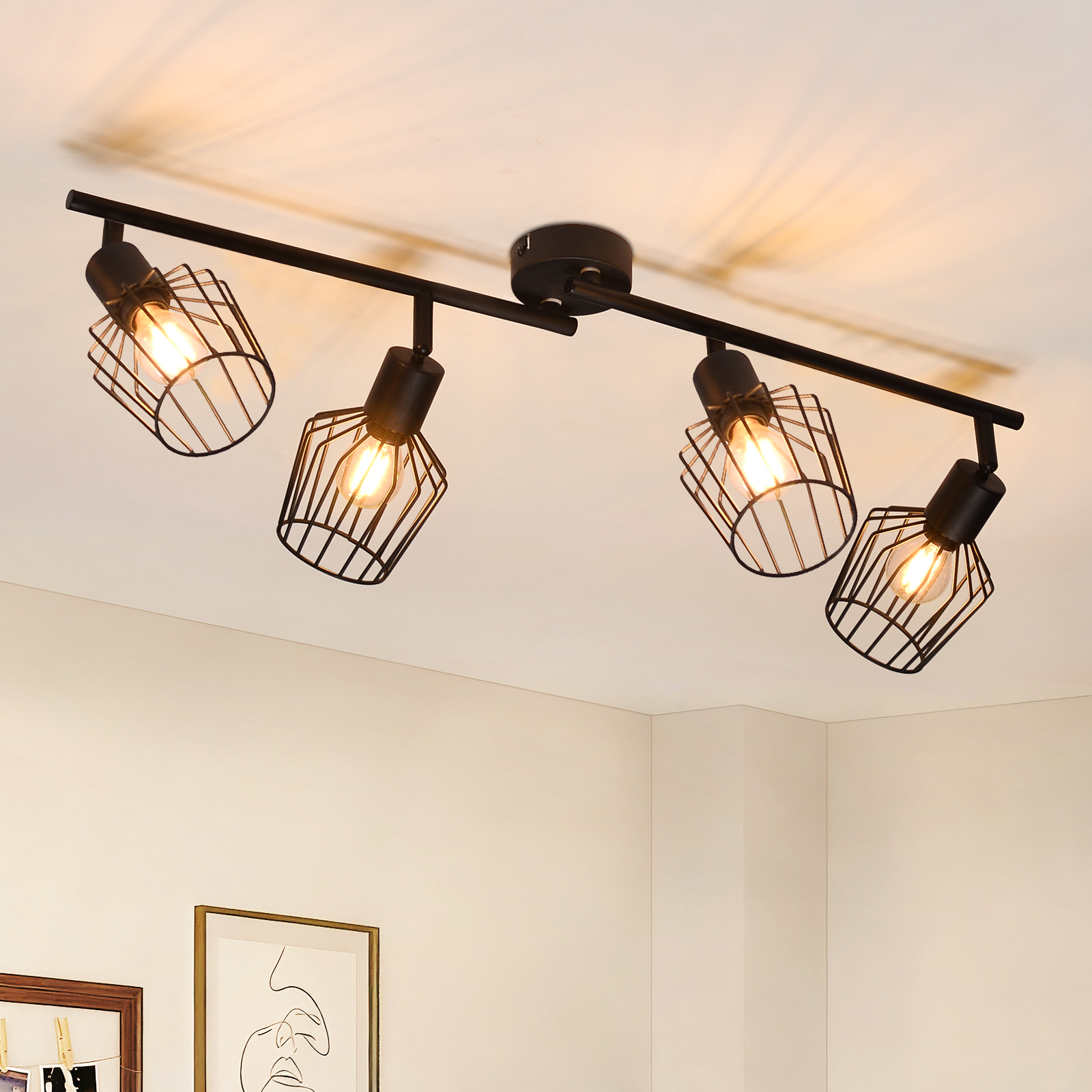 NETTLIFE 4 E14 - takspotlight - metall, 350° roterbar industriell halllampa, vägglampa för hall och vardagsrum, svart