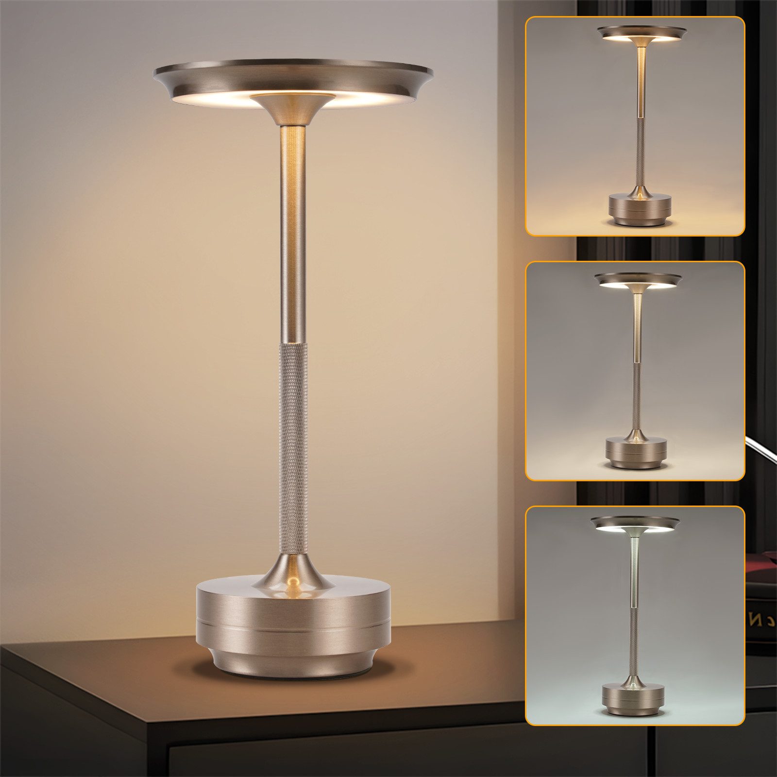 NETTLIFE Trådlös batteridriven sänglampa - Dimbar touch-LED-bordslampa med USB-laddningsbart batteri