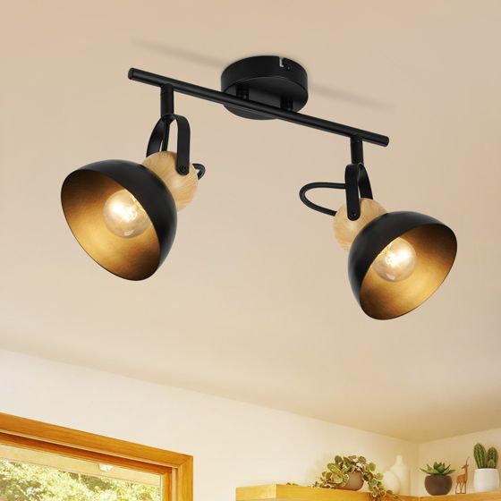 NETTLIFE Vintage svart takspotlight med 2 lågor, E27, 350° justerbar, retro industriell metallhalllampa