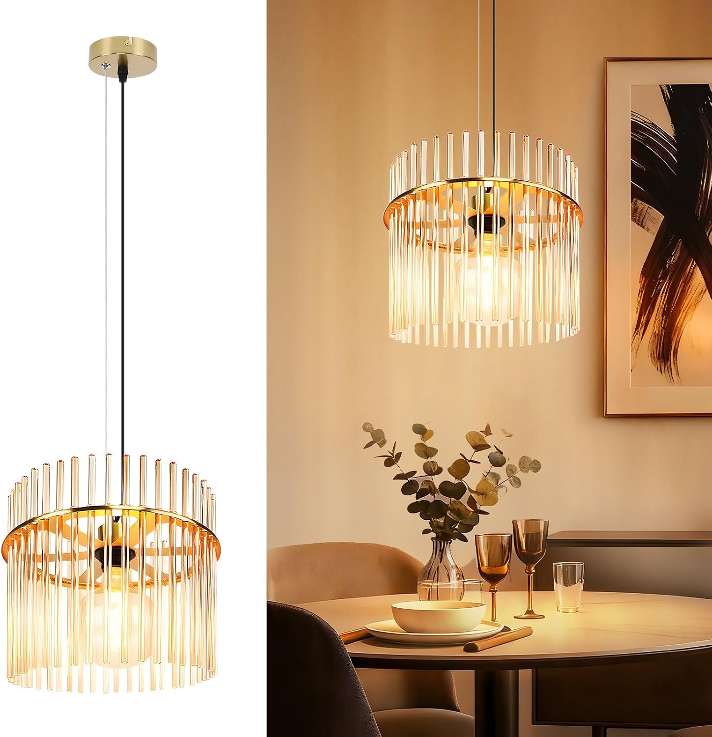 NETTLIFE Hänglampa matbordslampa 1 ljuskälla - glaspendellampa E27 hängande matbordslampa retro guld 30 cm (utan glödlampa)