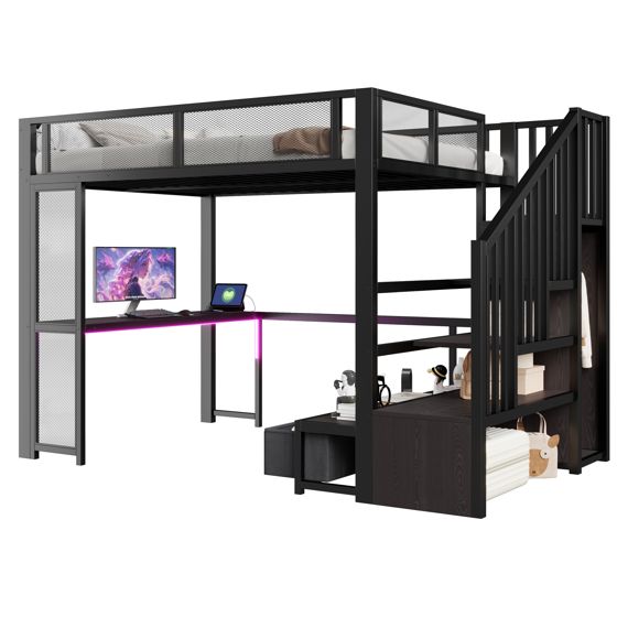 Loftsäng 140x200 cm med trappa/USB-port och LED-belysning, svart