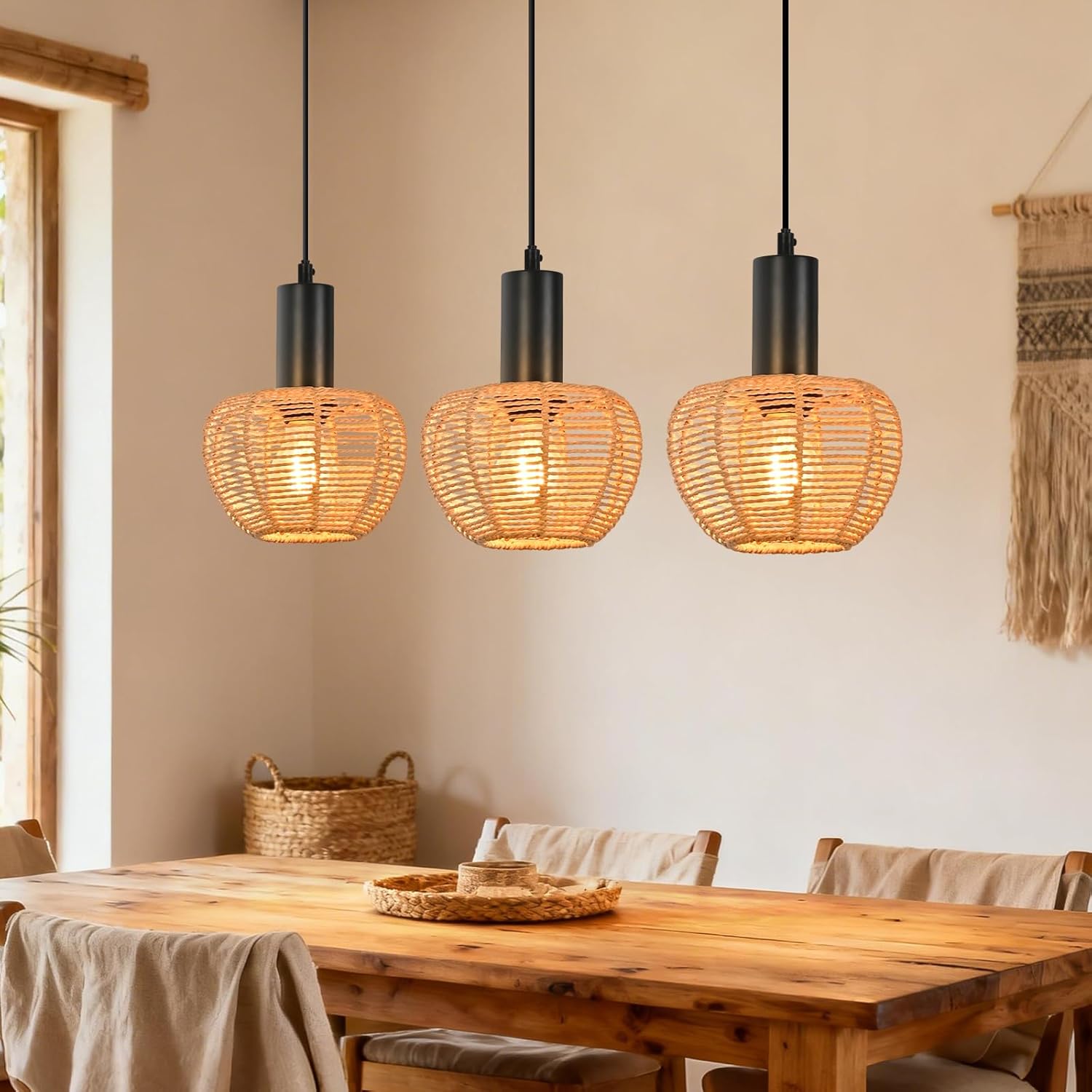 NETTLIFE pendellampa retro bohemisk svart rottingpendellampa, 3 ljuskällor E27