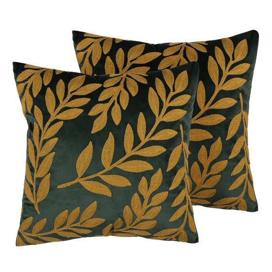 Set med 2 prydnadskuddar MISTLETOE 45 x 45 cm Sammet Grön Guld Växtmotiv