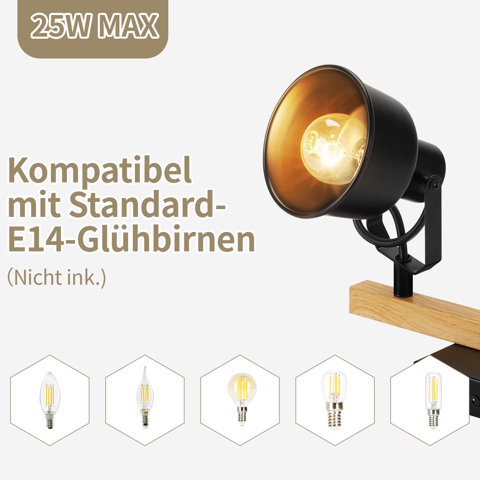 NETTLIFE takspotlight, 4 lågor, justerbar 350°, vintagestil, E14, högkvalitativ design, träådringsmönster