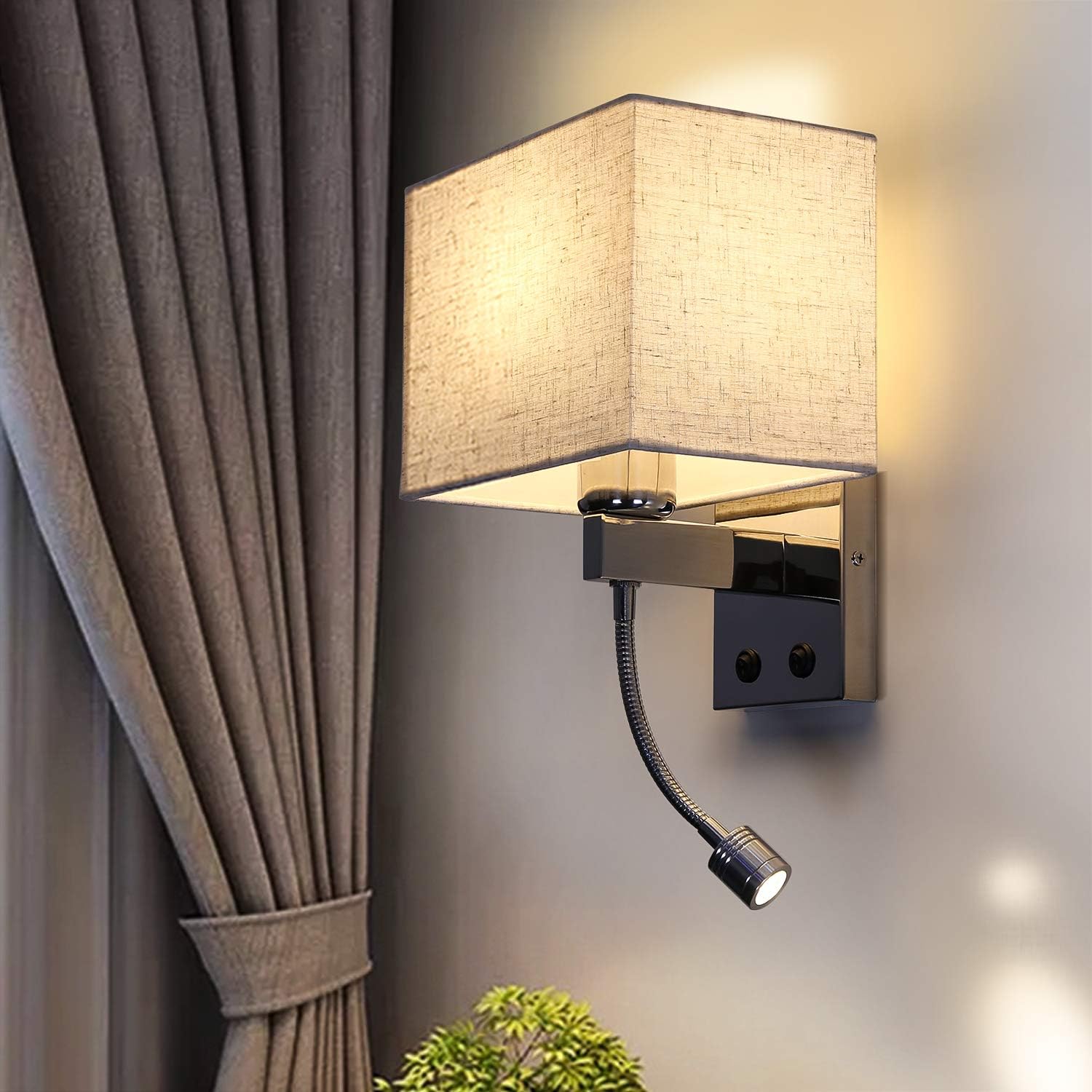 NETTLIFE 360° roterande LED-vägglampa med strömbrytare, läslampa Tygskärm, E27-sockel för sovrum och vardagsrum