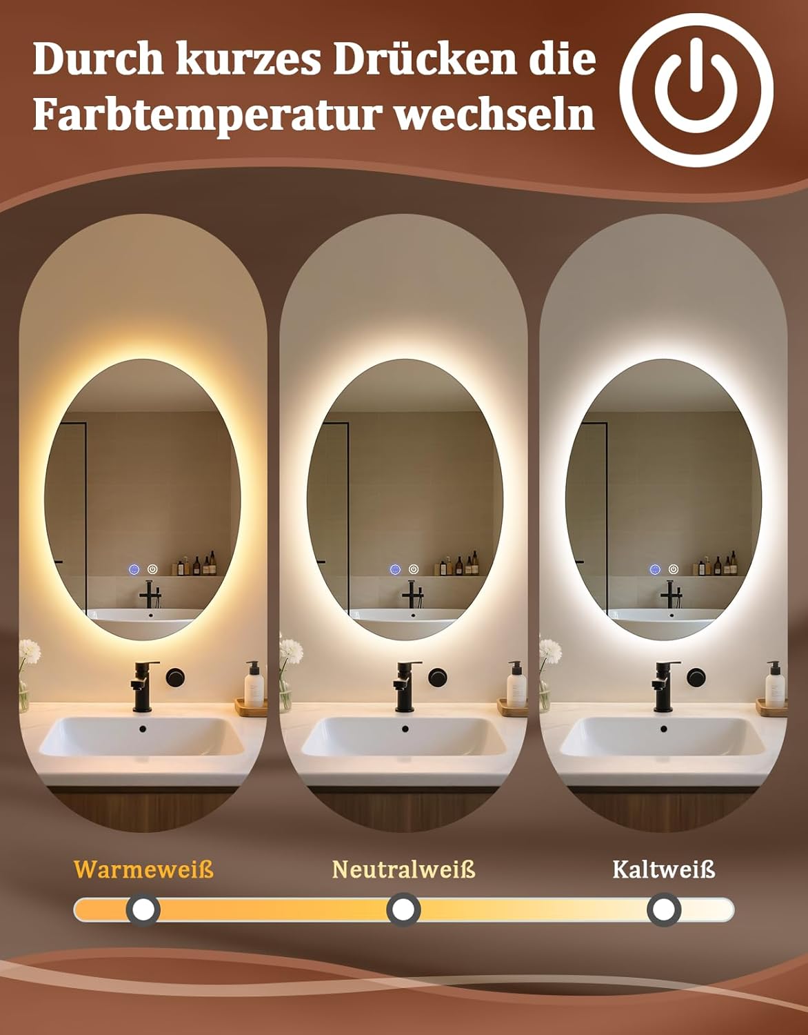 NETTLIFE Oval LED Badrumsspegel 50x70cm, Pekskärm, Imfri, Dimbar 3000-6500K, IP44 Väggspegel