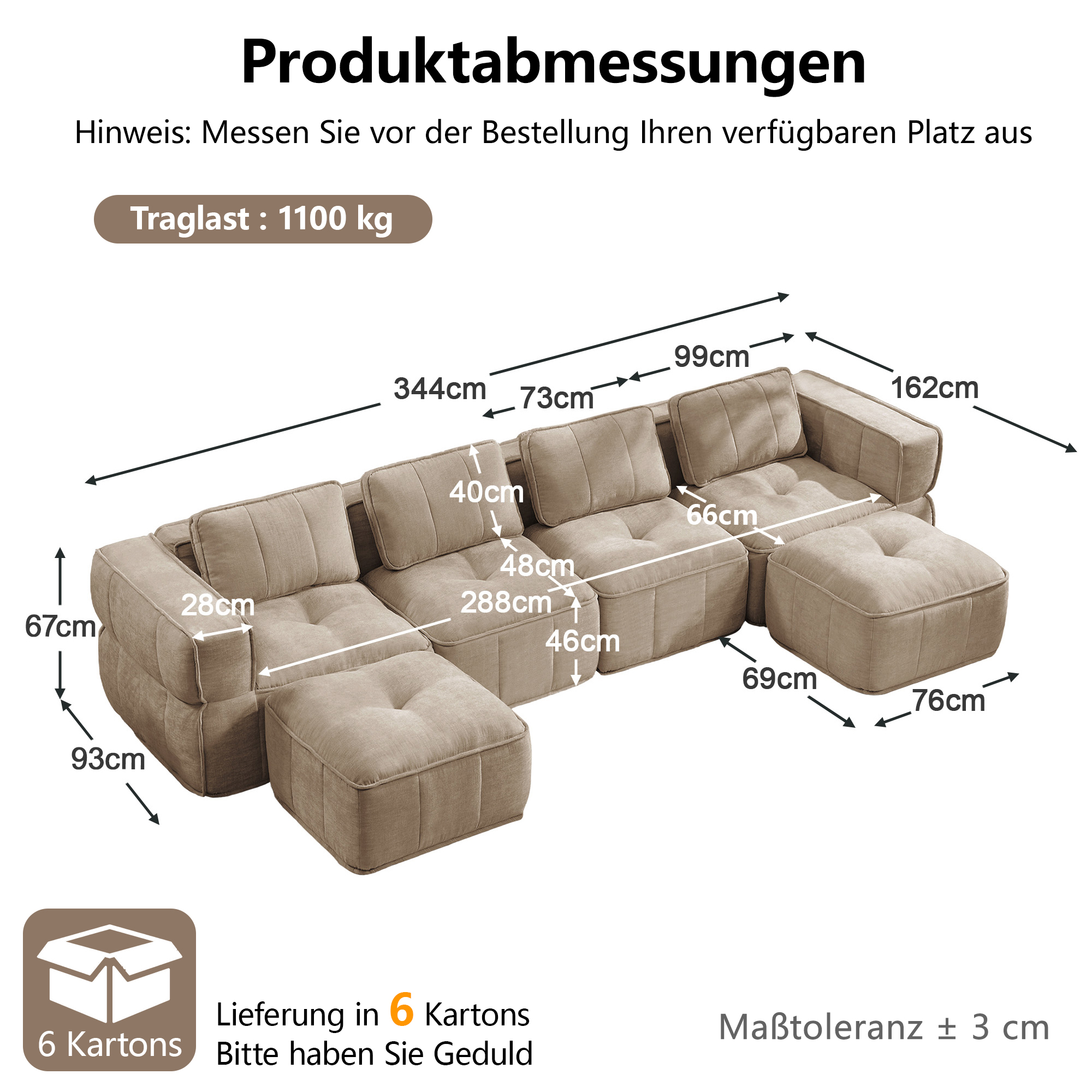 4-sitssoffa med 2 fotpallar, minimalistisk, polyester-sandfärgad
