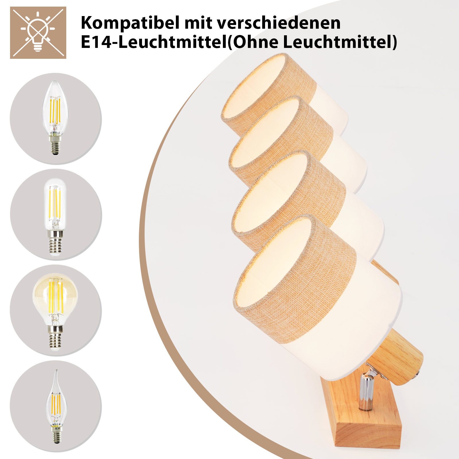 NETTLIFE Takspotlight i trä med fyra lågor – vintage E14-taklampa med retro tygskärm, justerbar 350°