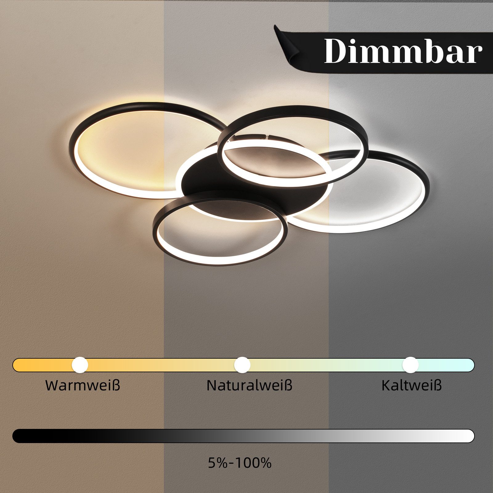 NETTLIFE LED - taklampa, för vardagsrum, dimbar, 70W Med fjärrkontroll, 5 ringar Vit, modern, akryl
