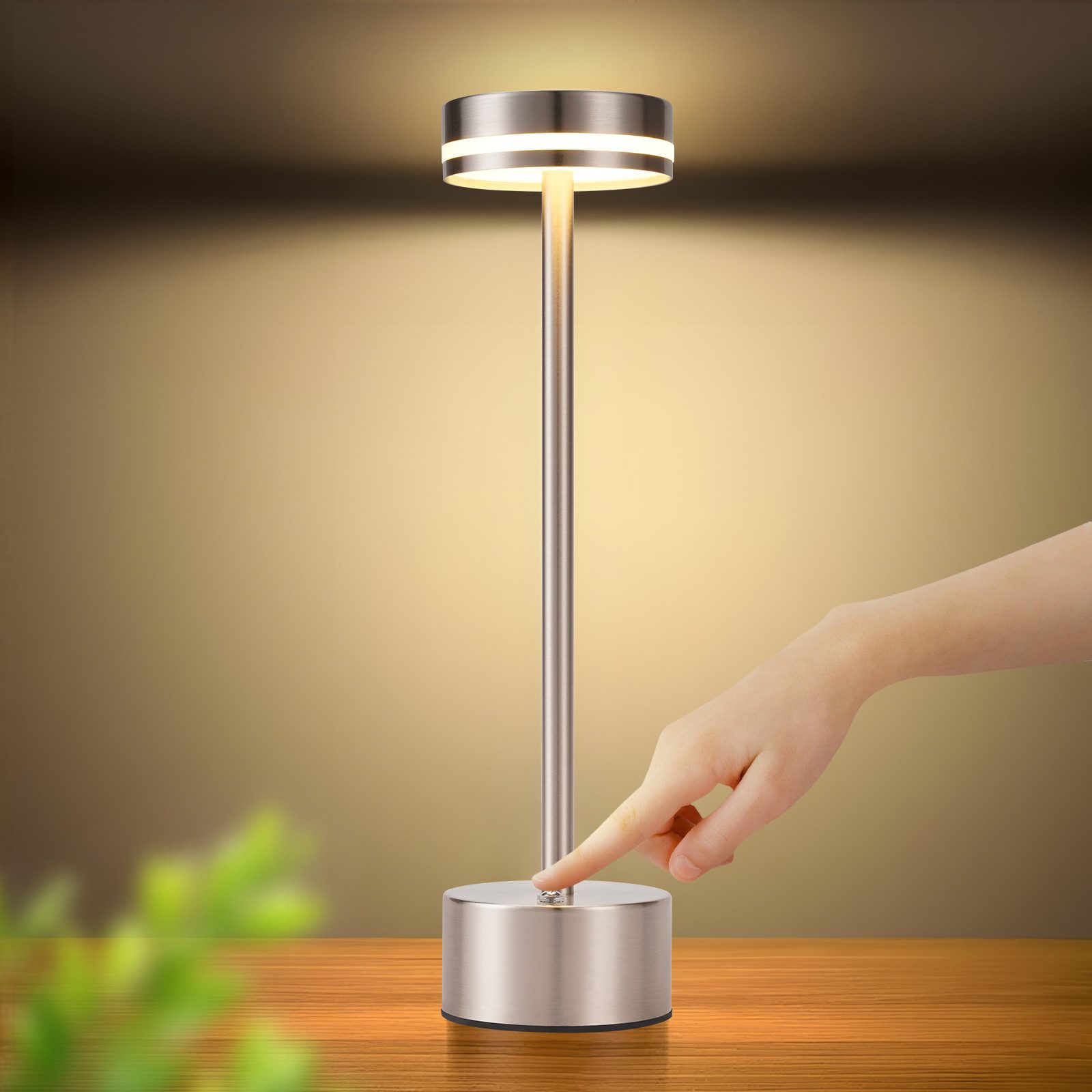 NETTLIFE batteridriven bordslampa trådlös LED-bordslampa 3000k-6500k dimbar sänglampa med USB-C silverfärgad touch-lampa