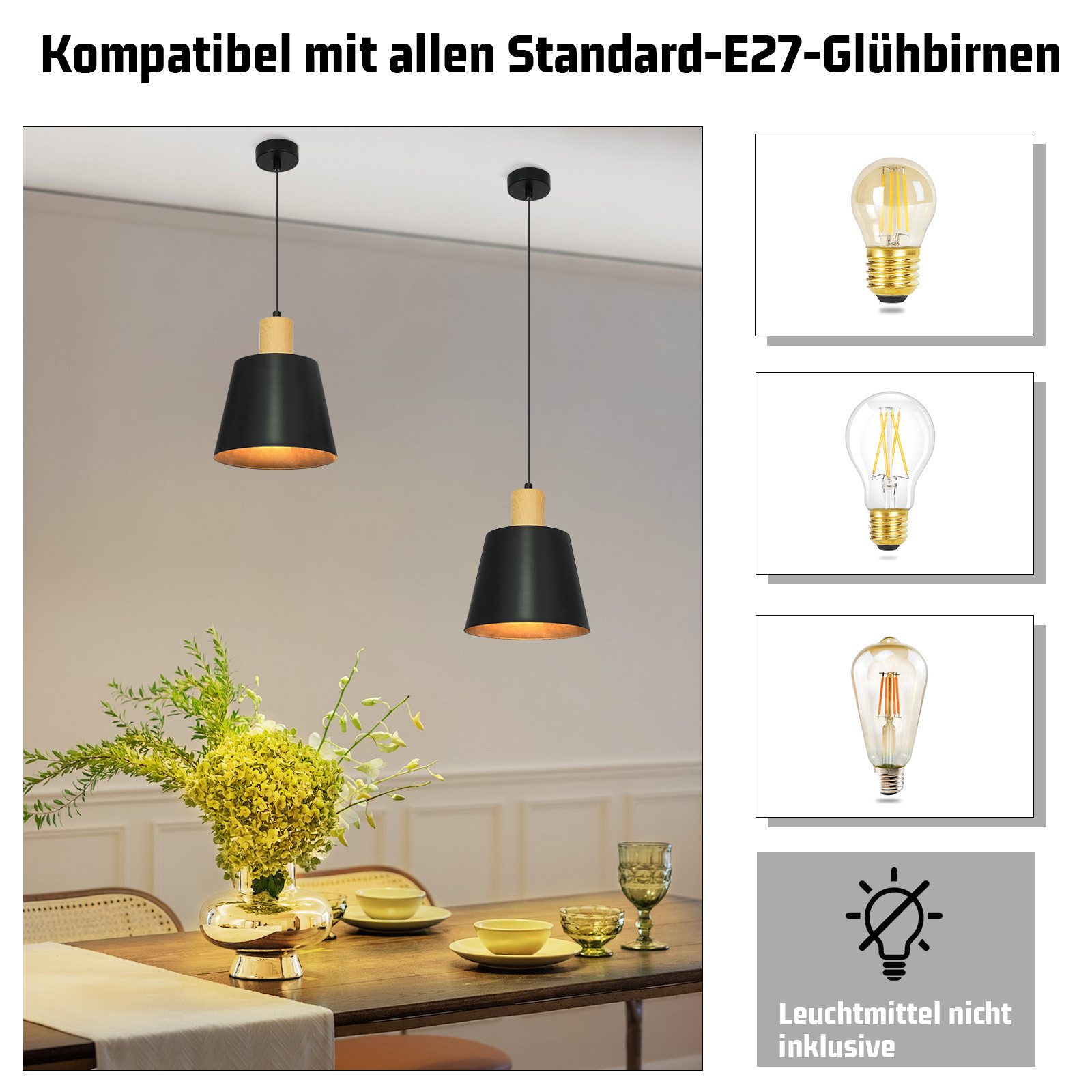 NETTLIFE Vintage - matsal, pendellampa, 2 x svart, pendellampa, industriell, pendellampa, E27, metall, retro