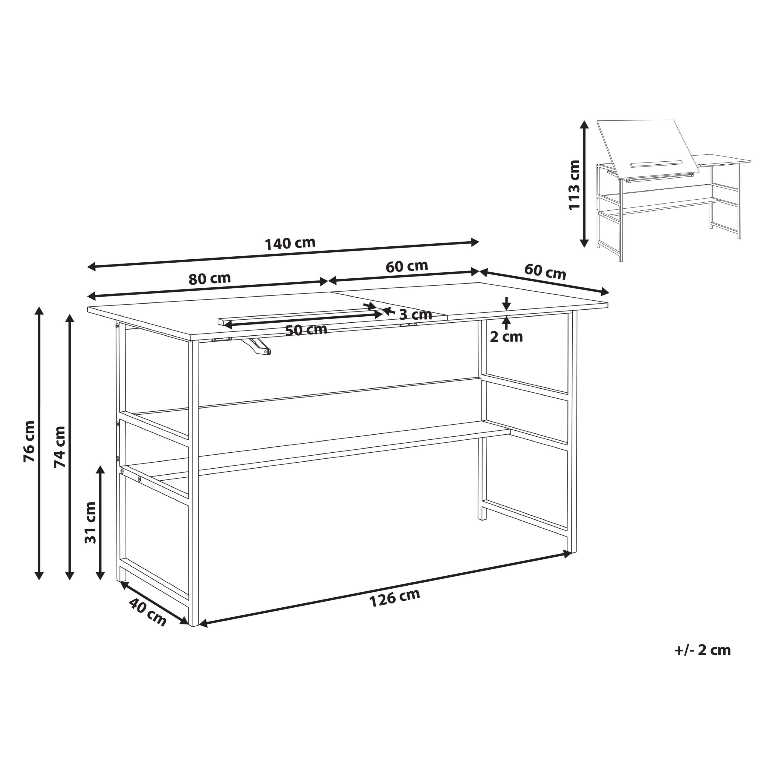 Ritbord med justerbar skiva ORAN 140 cm 60 cm Vit