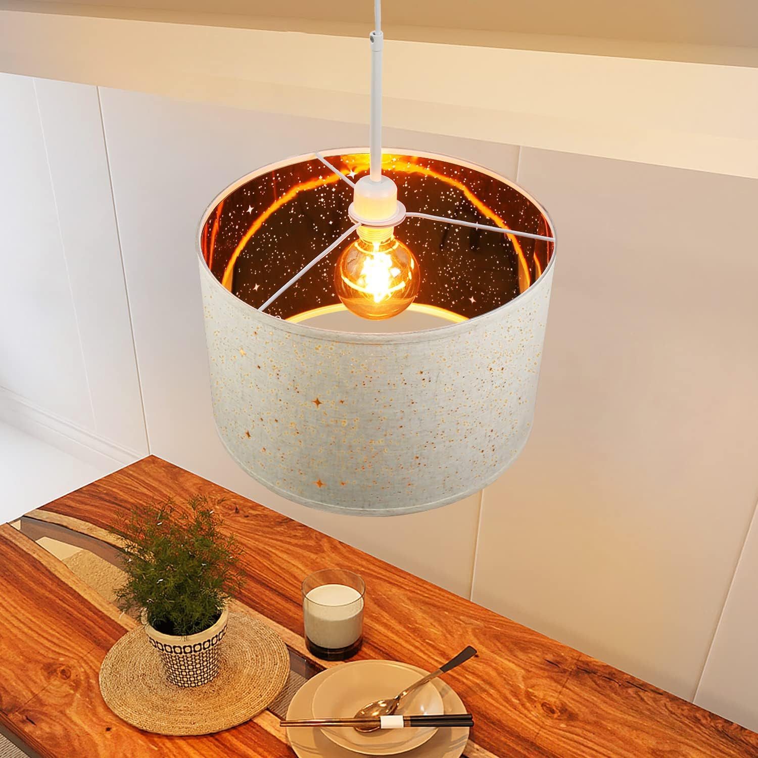 NETTLIFE vit metallpendellampa, diameter 38 cm, E27, 38 cm, modern, med tygskärm utan glödlampa