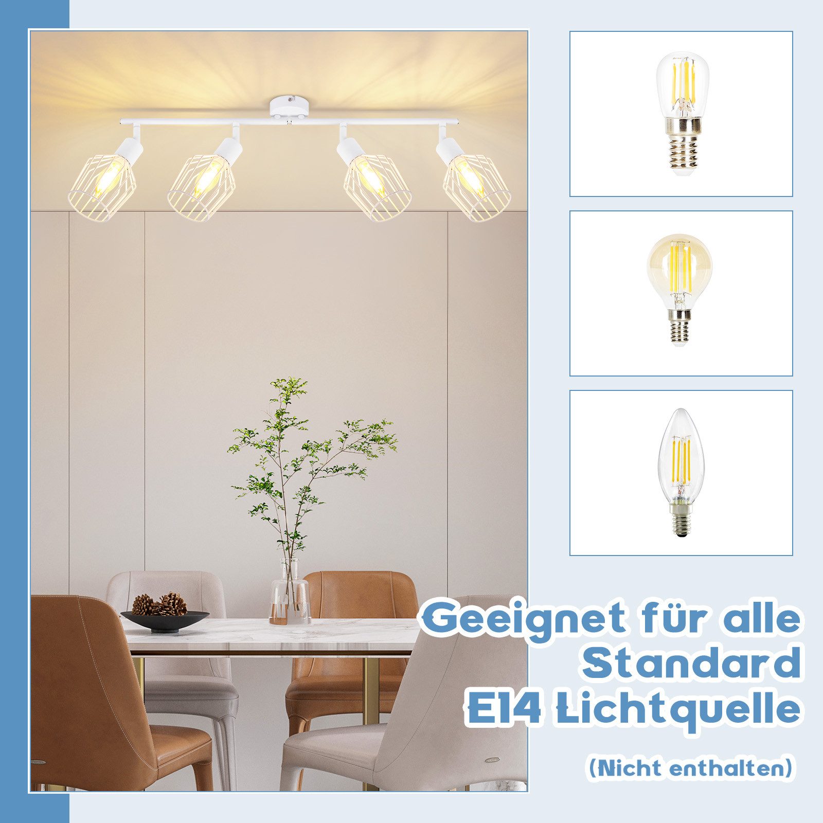 NETTLIFE 4 E14 - takspotlight - metall, 350° roterbar industriell halllampa, vägglampa för hall och vardagsrum, vit