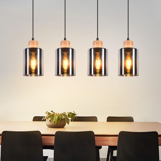 NETTLIFE matbordslampa, glaspendellampa, vintage matbordslampa, träpendellampa, 4 rökfärgade glaslågor, E27