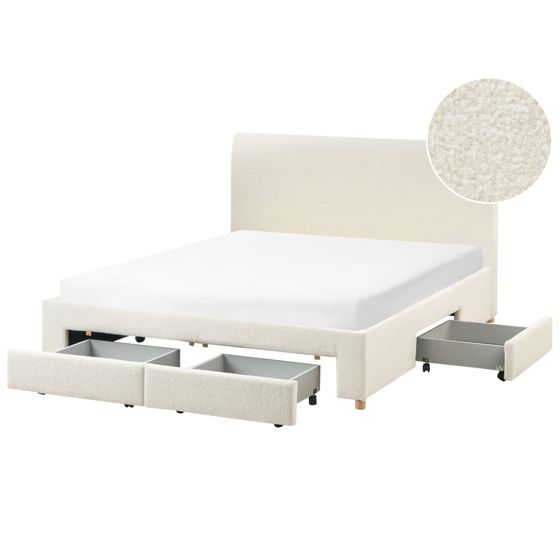 Säng med förvaringslådor SOUTRIN Bouclé Off-White 160 x 200 cm