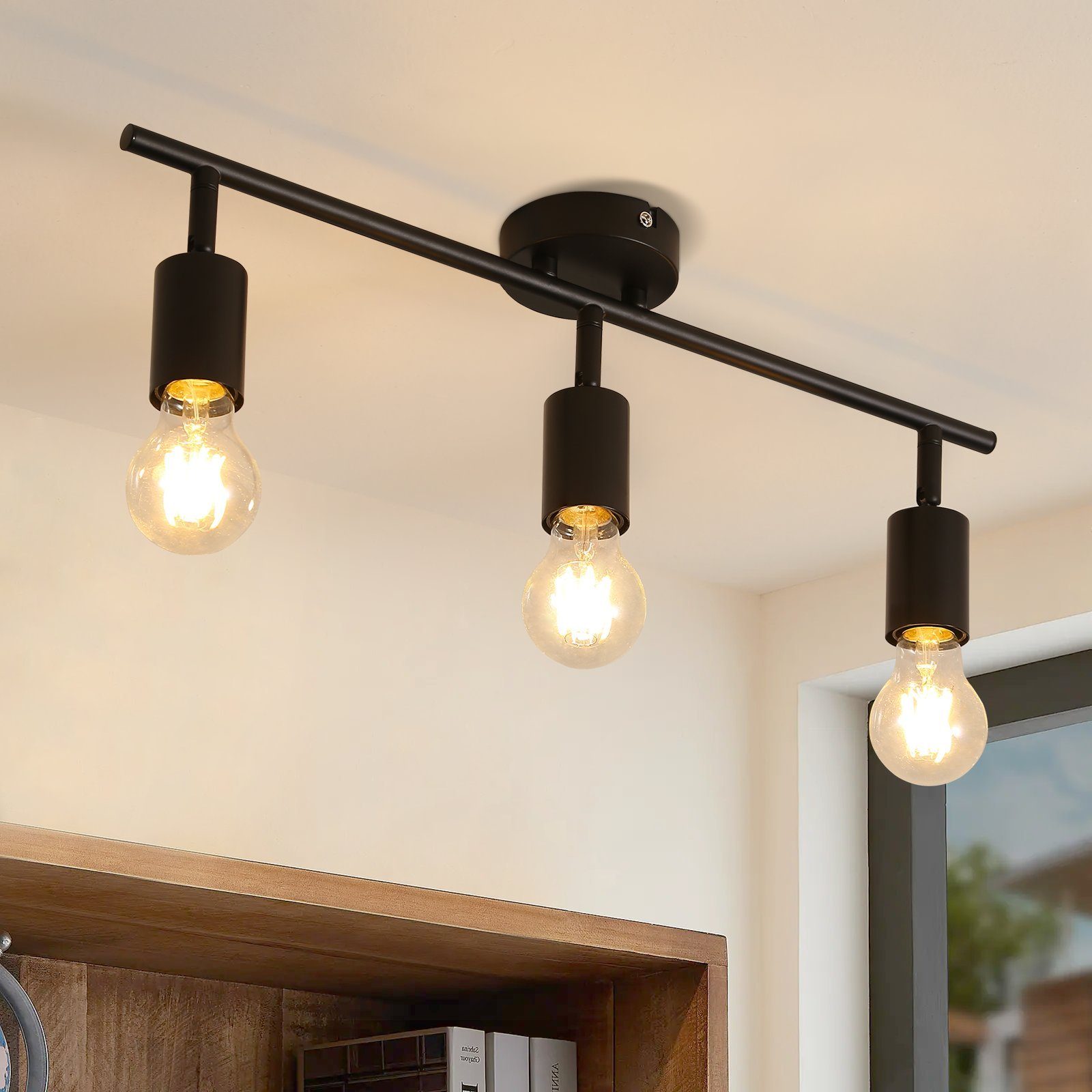 NETTLIFE 3 svarta takspotlights - 350° roterbara vintage - E27 industrilampa för kök, vardagsrum utan glödlampa